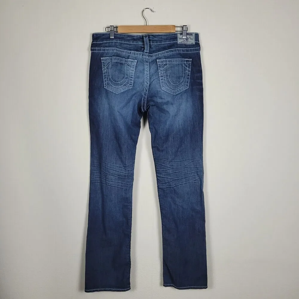 True Religion Jeans 33 Blue Denim Natural Big T Bobby Y2K Thick Stitch Straight‎
